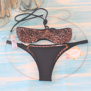 Leopard & Black Reversible with Gold trim HL double strap Bottom - Bandeau top Luxe